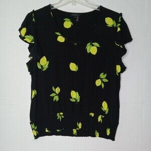 1State Top Black Yellow Lemon Print Vneck gathered fitted hem Women's Size XL
